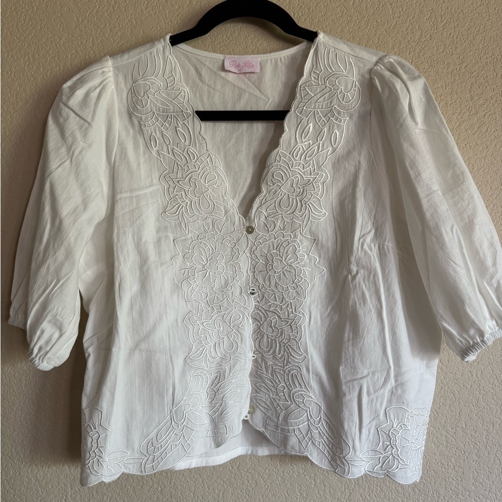 Pink Lily White Floral Embroidered Blouse